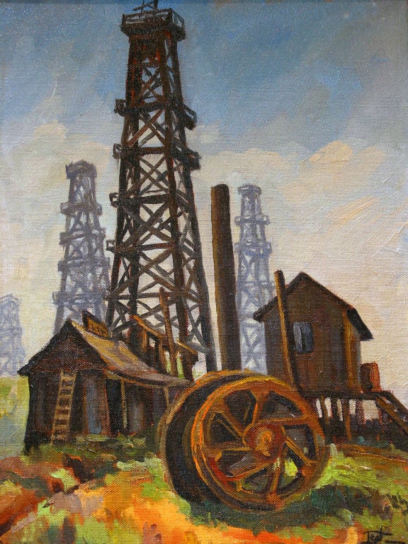 Framed Painting "Oil Dericks" by Ted Christensen, 1944