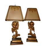 Pair of Giltwood Carved Cherub Lamps with Custom Shades