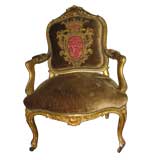 Antique 19th C. Giltwood Louis XVI Fauteuil with Crowned Crest Applique