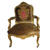 19th C. Giltwood Louis XVI Fauteuil with Crowned Crest Applique