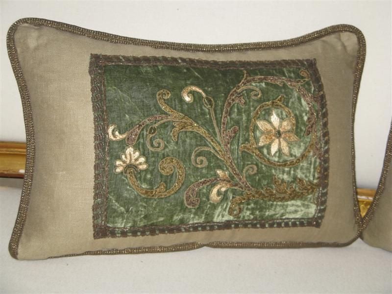 Pair of Metallic Embroidered Silk Velvet  Pillows on Linen