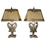 Antique Pair of 19th C. Silverleaf Urn Lamps with Custom Shades