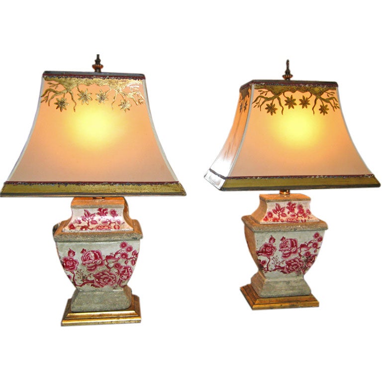 Chinoiserie Stoneware Lamps with Custom Shades