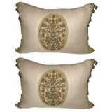 Pair of 19th C. Metallic Embroidered Textile Linen Pillows
