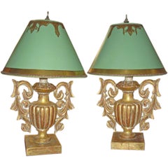 Pair of Italian Carved Lamps with Custom Teal Shades