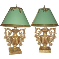 Antique Pair of Italian Carved Lamps with Custom Teal Shades