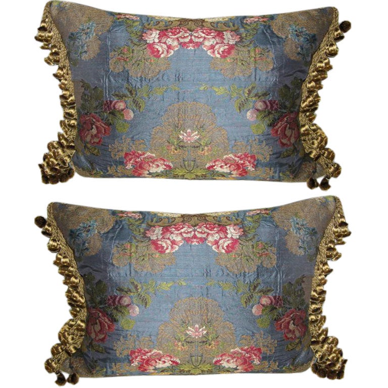 Pair of Antique French Silk Pillows with Tassel Trim