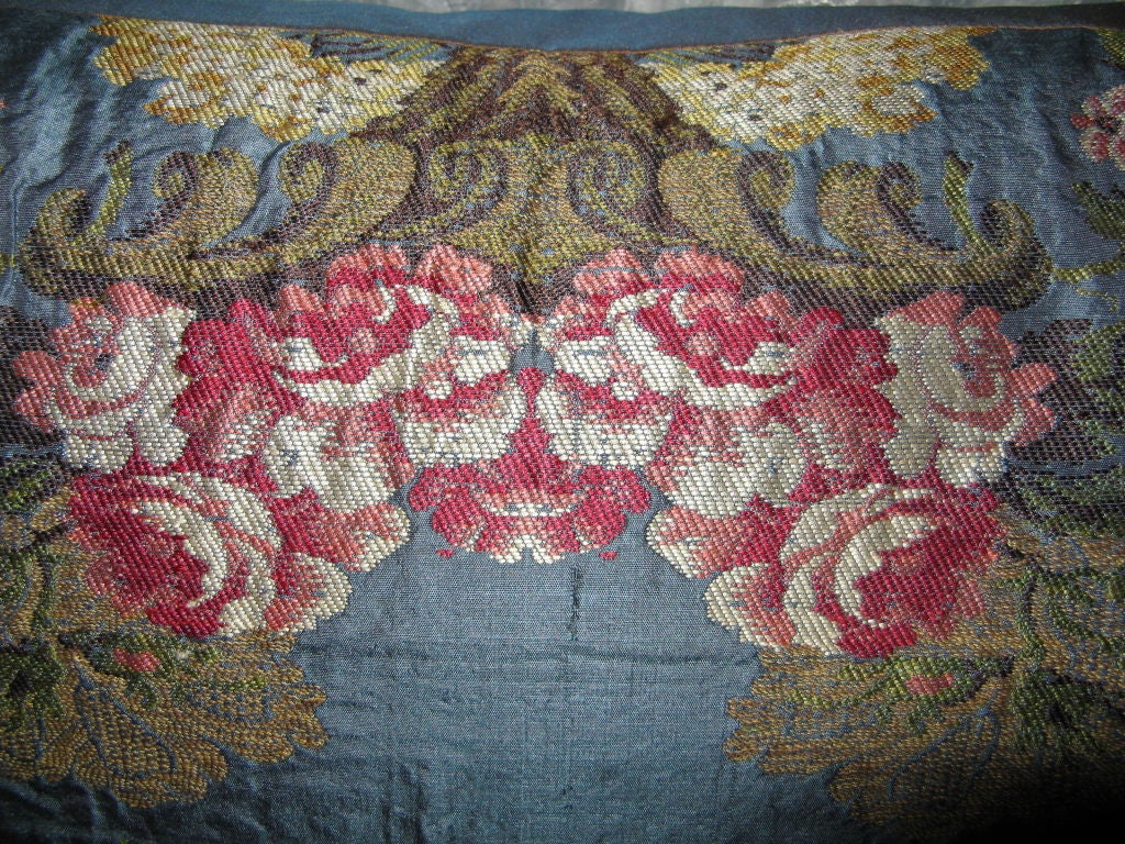 Gorgeous antique silk French blue & rose colored floral pillows with peonies, berries, green foliage and a lace like design. It reminds me of a Monet painting. I have added a gorgeous silk tassel fringe to properly finish off the ends.   An
