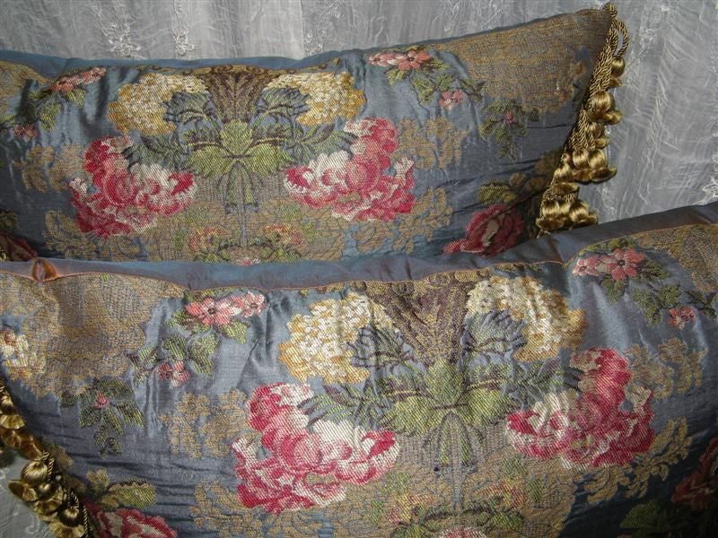 Pair of Antique French Silk Pillows with Tassel Trim 1