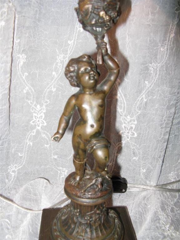 Pair of Bronze Putti Lamps with Custom Painted Shades