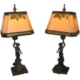 Antique Pair of Bronze Putti Lamps with Custom Painted Shades