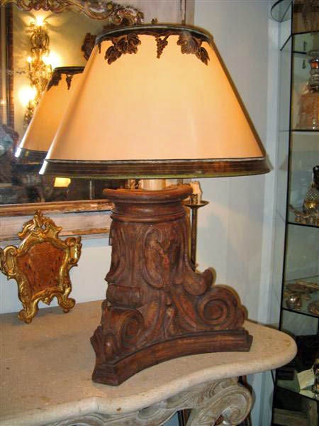 Pair of Carved Italian  Lamps with Parchment Shades