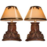 Pair of Carved Italian Lamps with Parchment Shades Pair of Carved Italian Lamps with Parchment Shades