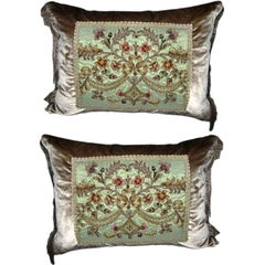 Antique Pair of French Embroidered  Silk Velvet Pillows with Fringe