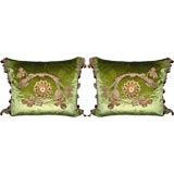 Pair of Italian Appliqued Apple Green Silk Velvet Pillows