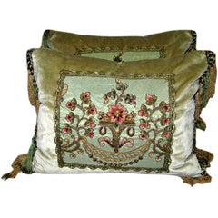Antique Pair of Metallic & Chenille Embroidered Pillows