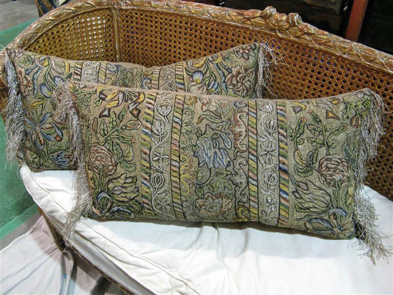 Pair of 18th C. Embroidered Metallic & Pettipoint Pillows
