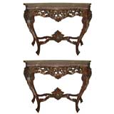 Pair of Giltwood & Painted Carved Consoles with Marble Tops