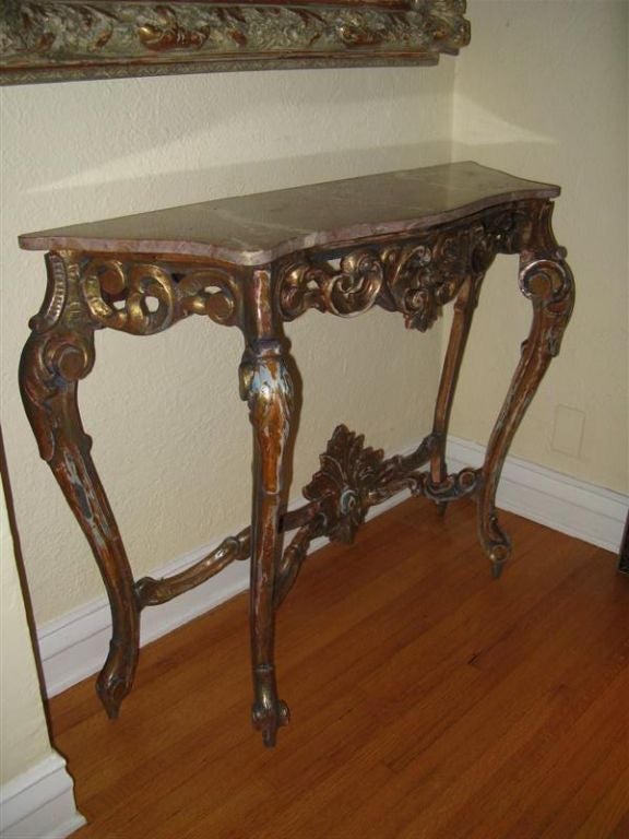 Pair of Giltwood & Painted Carved Consoles with Marble Tops