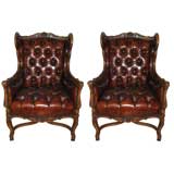 Antique Pair of  French Leather Wing Chairs C. 1920