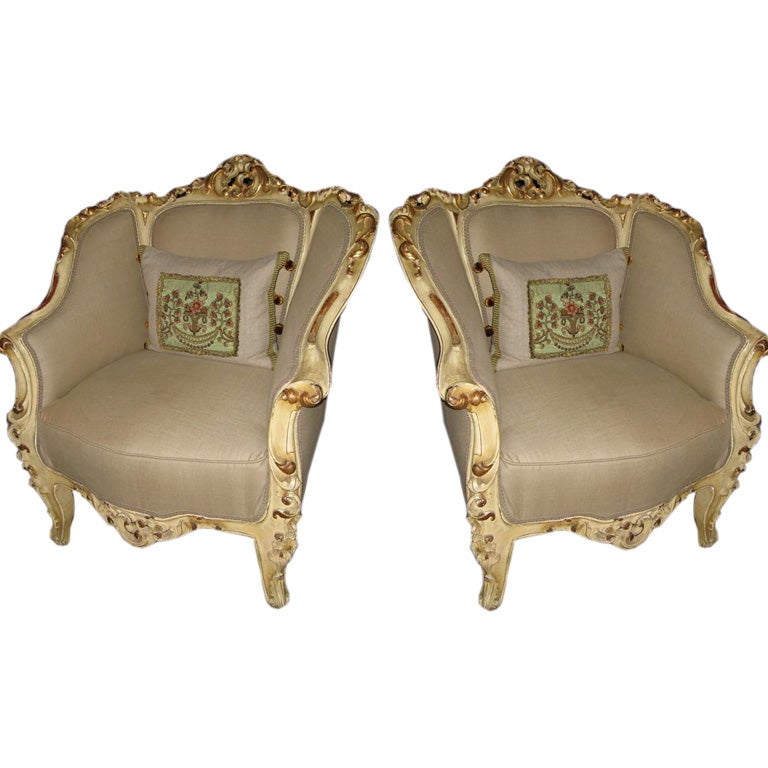 Pair of French Rococo Carved Armchairs