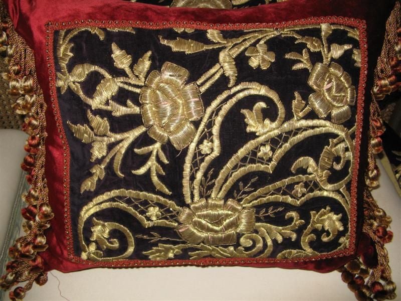 Pair of 19th C. Gold Embroidered Pillows