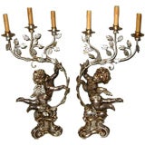 Vintage Pair of Italian Carved Silverleaf Candelabra Lamps