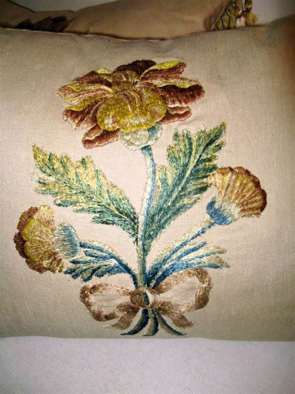French Pair of Silk Embroidered Linen Pillows