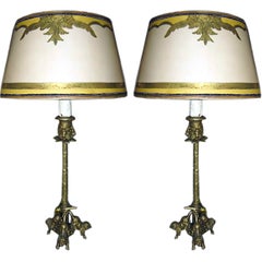 Pair of Bronze Lion Candlesticks Lamps with Shades