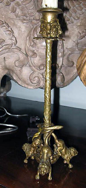 Pair of Bronze Lion Candlesticks Lamps with Shades