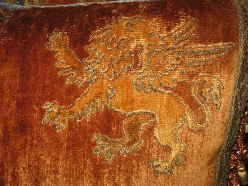 Paif of Vintage Mohair Lion & Shield Pillows C. 1940's 1