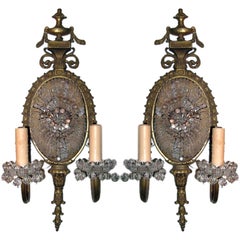 Antique Pair of Brass Crystal Beaded Sconces C. 1920's