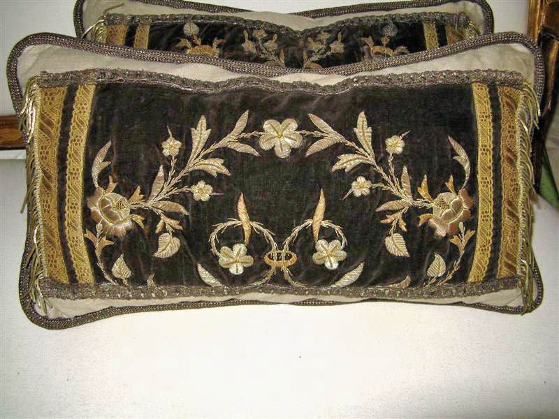 Pair of pillows with 19th century textiles and metallic embroidered velvet antique textile fragment centered on a fresh linen. The metallic cord detail and antique metallic trim accents make a unique presentation.