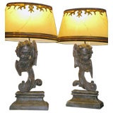Pair of Antique Italian Cherub Lamps with Custom Shades