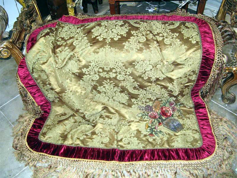 19th C. Metallic & Chenille Embroidered Damask Coverlet