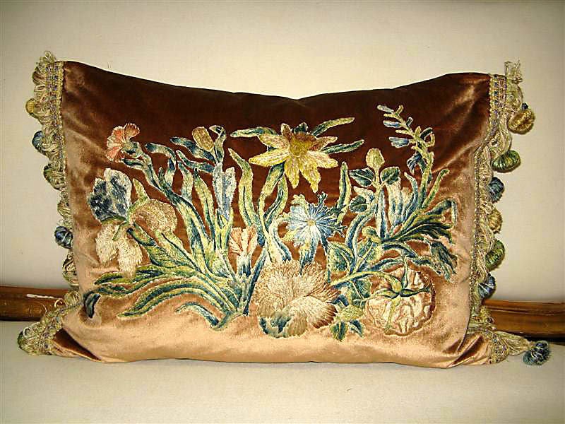 European Pair of 18th C. Silk Embroidered Textile Pillows