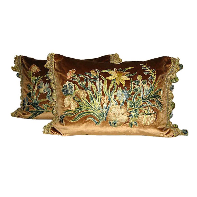 Pair of 18th C. Silk Embroidered Textile Pillows