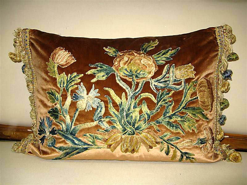 Fine 18th century silk embroidered appliqued silk velvet pillows with multicolored ball fringe.