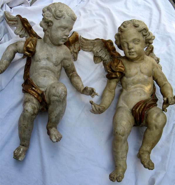 Incredible 18th Century Polychrome & giltwood carved Putti or Winged Cherubs. Their faces are beautiful.  Some of the best I have ever seen.