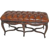 Antique French Carved Leather Tufted Bench