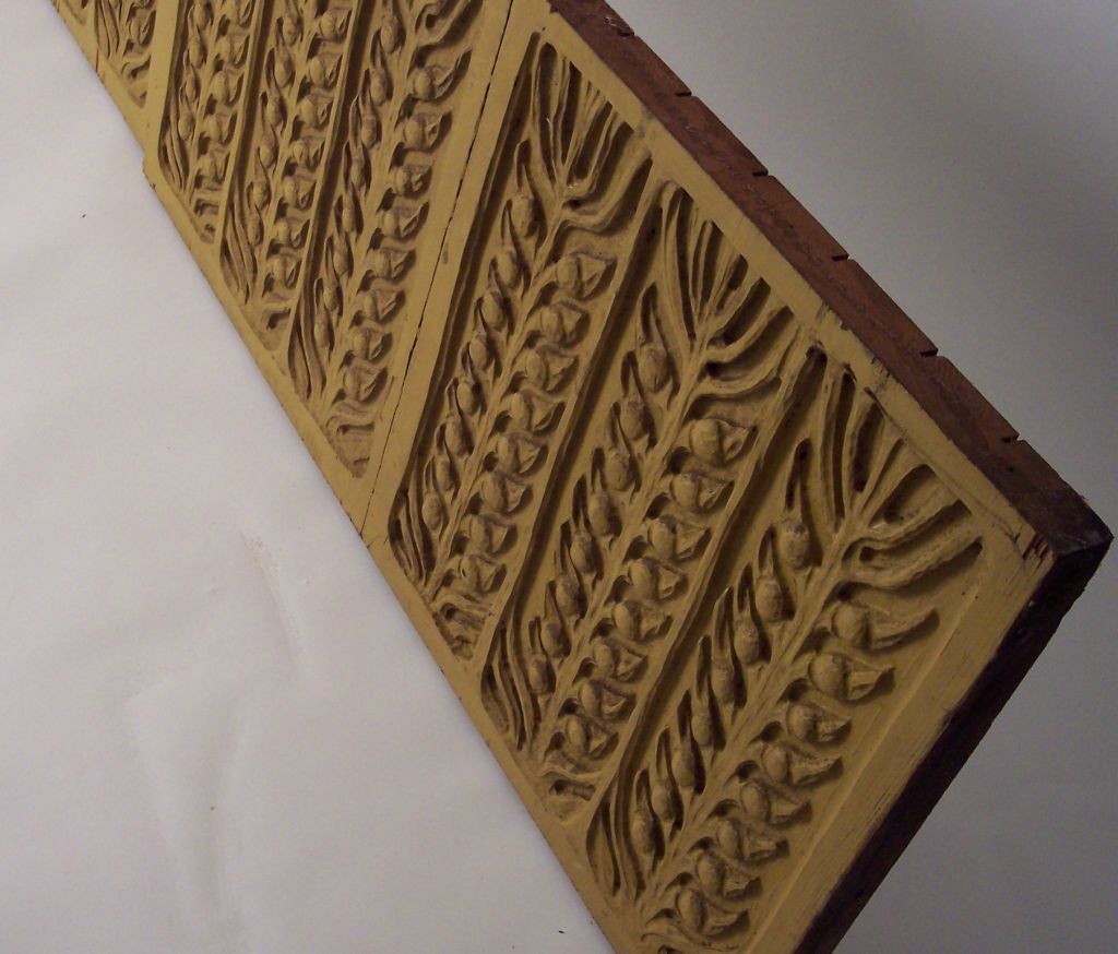 Evelyn Ackerman for panelcarve wood carved panels. Nice set of four carved panels. Panels are redwood and painted mustard yellow.