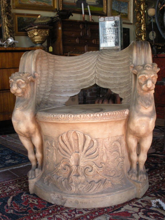 Terra Cotta chair, appears to be the work of Los Angeles Italian Terra Cotta Co. This Roman style is a never before seen form straight out of a Santa Barbara home. Truly unique.