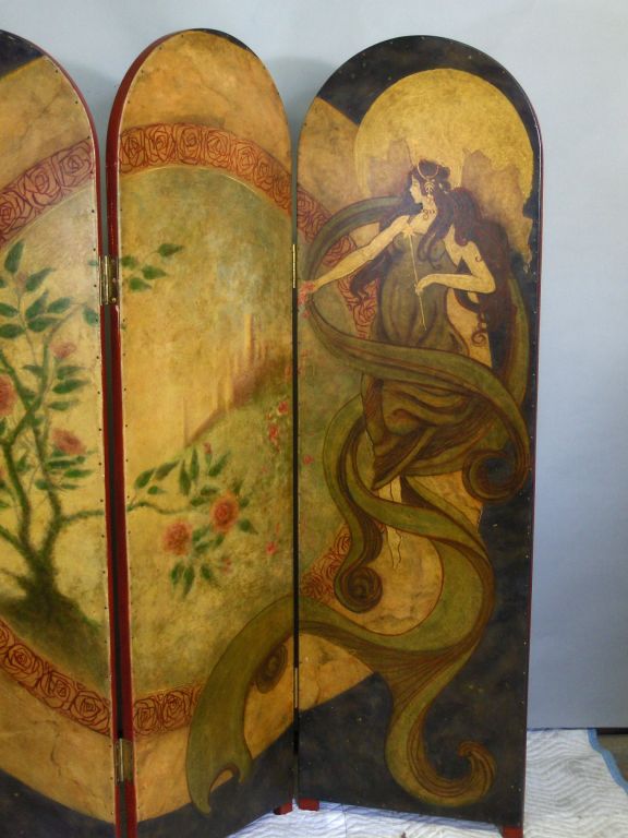 Decorative folding screen, probably 1940's, with exceptionally well painted art nouveau style figure and motifs. Beautiful bright colors.