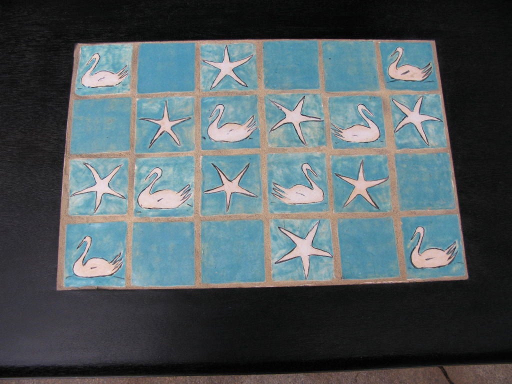 wood coffee table with ceramic tile inserts on top