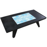 wood coffee table with ceramic tile inserts on top