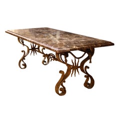 A Moderne Gilt Iron Coffee Table Base with Later Marble Top