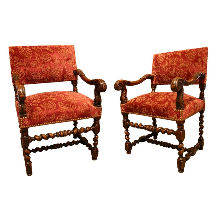 A Handsome Pair of Louis XIII Walnut Fauteuils For Sale