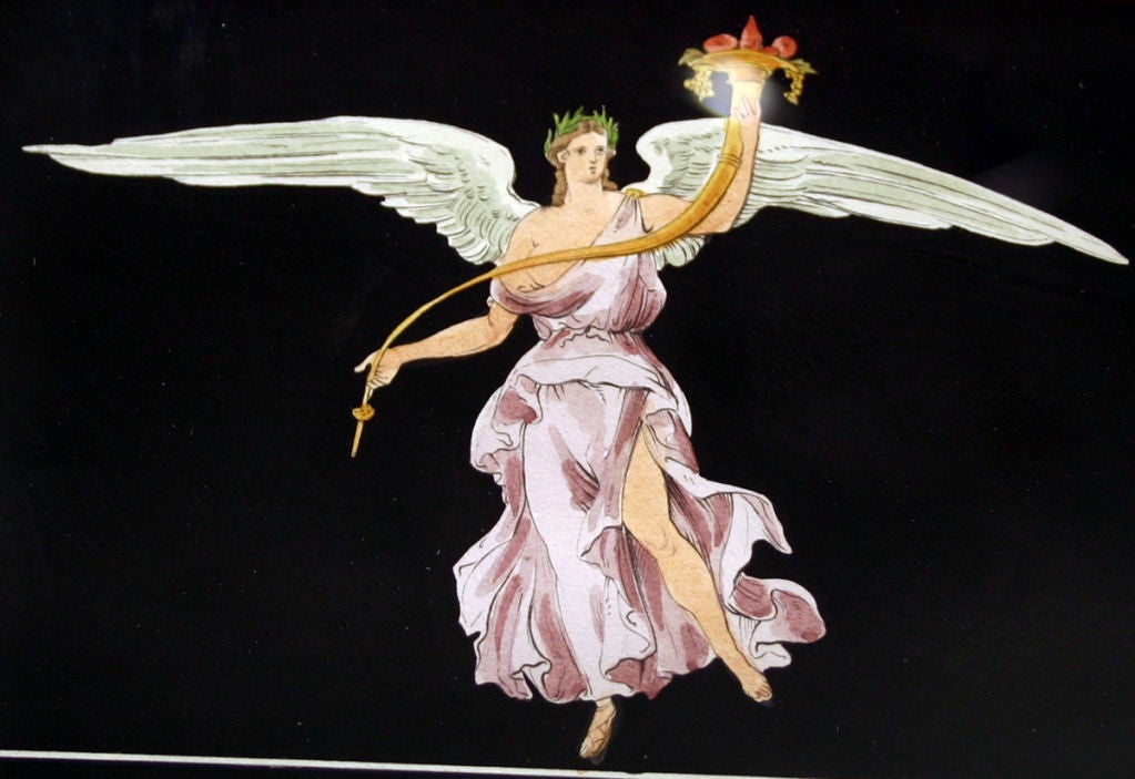 Against a black background; depicting two views of the goddess Nike attired in Grecian style robes; one wearing lavender carrying a cornucopia representing abundance; the other in ochre holding a victory staff.