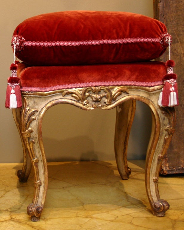 A Romantic Pair of Rococo Italian Carved Gilt Wood Tabourets