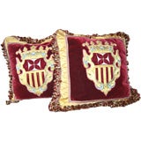 A Noble Pair of 18th Century Embroidered Silk Crests as Pillows
